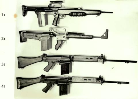 Four rifles: - British EM2, RMC No2, L1A1, L1A2 (shortened L1A1 for PNG military)